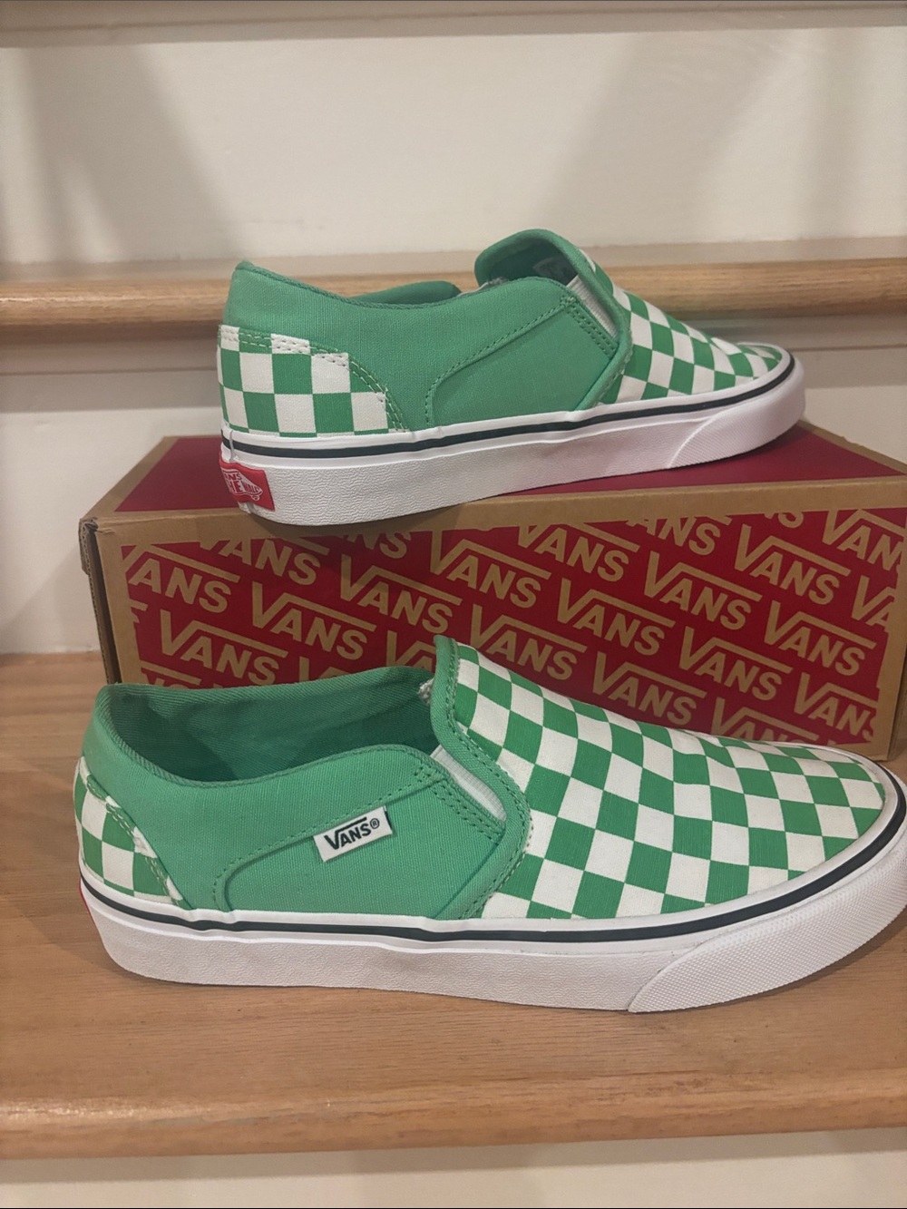 Vans Kids Slip-On Checkerboard Sneakers in Green and White